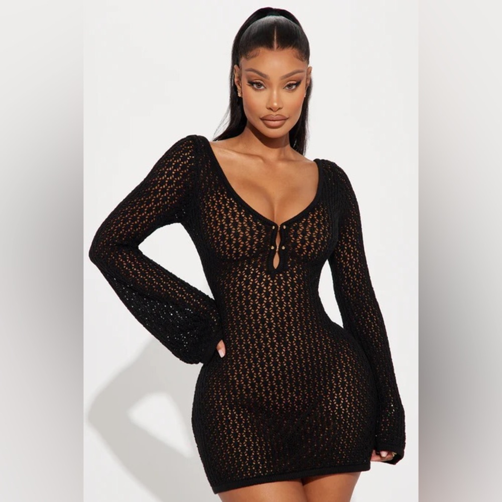 Fashion Nova-Crochet Mini Dress-Black -XS